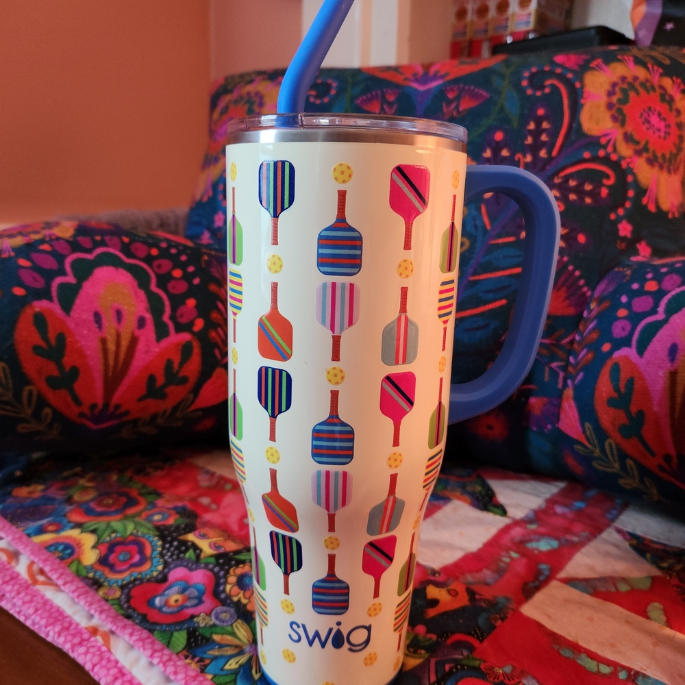 Colorful Patterned Tumbler with Blue Handle